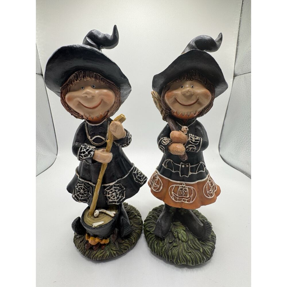 2 Whimsical Halloween‎ Witches Sisters Resin Cauldron Pumpkin Spiderweb Decor